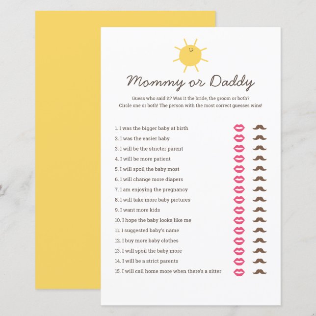 Voici The Sun Baby shower Mommy or Daddy Game (Devant / Derrière)