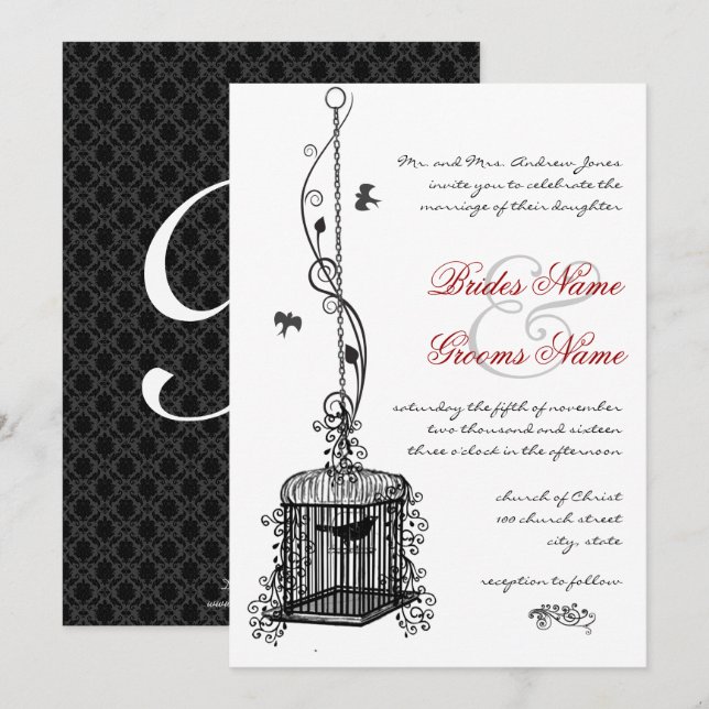 Voie d'oiseaux victorienne Boho rouge Invitations  (Devant / Derrière)