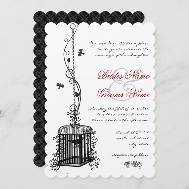 Voie d'oiseaux victorienne Boho rouge Invitations  (Devant / Derrière)