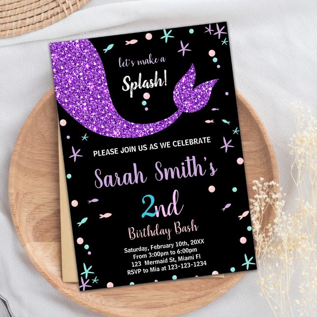 Voile de sirène rose noire Invitations d'anniversa (Black Pink Mermaid Tail Birthday Invitations)