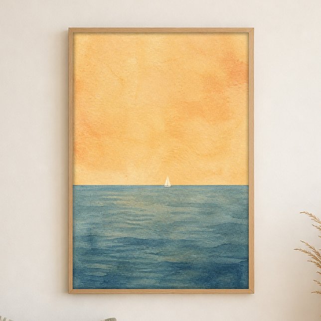 Voile Solitaire à l'Horizon Affiche Aquarelle (Shown framed for scale. Poster ships unframed; frames are an optional add-on.)
