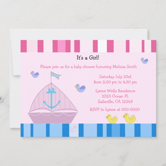 Voilier et Ancre Baby Girl Shower Invitation (Devant)