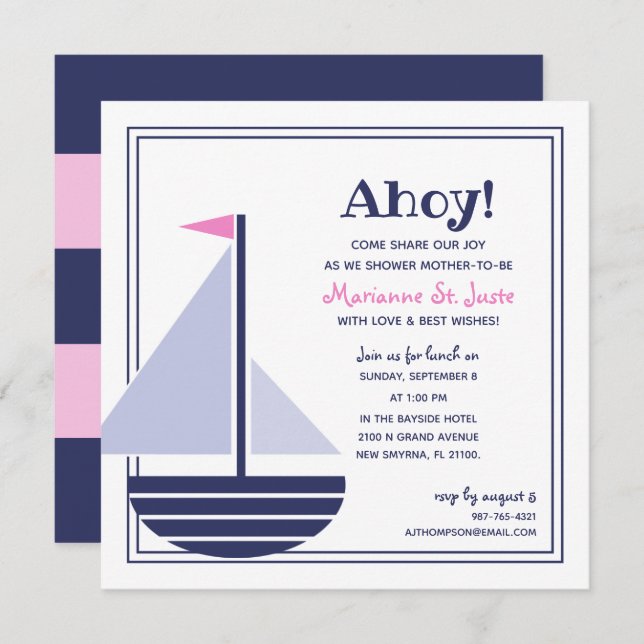 voilier nautique BABY SHOWER rose fille Invitation (Devant / Derrière)
