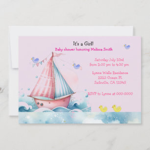 Voilier rose Nautique Baby Girl Douche Invitation
