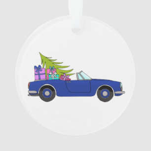 Voiture bleue avec cadeaux de Noël