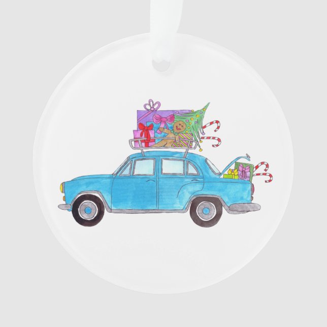Voiture bleue avec cadeaux de Noël Aquarelle (devant)