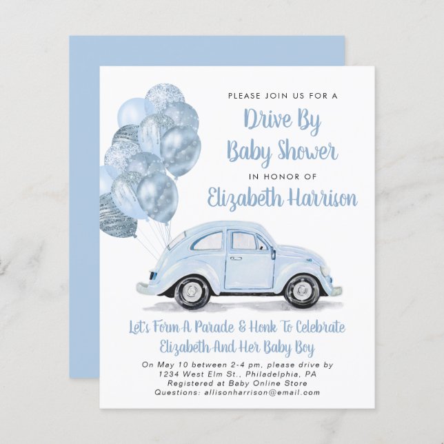 Voiture Bleue Budget Par Baby shower Invitation (Devant / Derrière)
