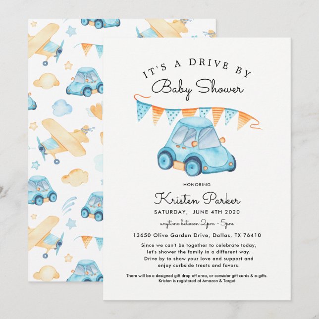 Voiture Bleue Par Baby shower Invitation Boy (Devant / Derrière)