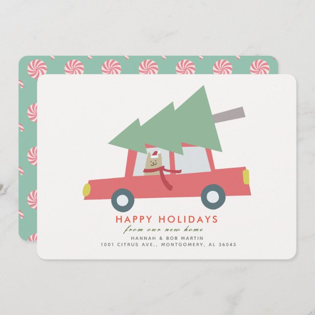 Voiture de chat Noël Arbre vacances Faire-part de  (Devant / Derrière)