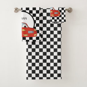 Voiture de course rouge Drapeau à damier noir et b
