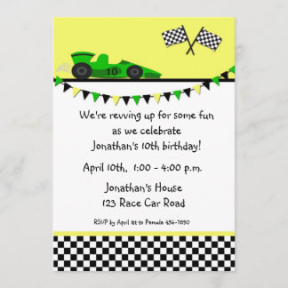 Voiture de course verte, invitation d'anniversaire