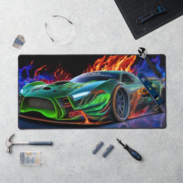Voiture de sport futuriste néon vert feu (Poste de travail)