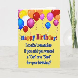 "Voiture" ou "Carte ?" Carte d'anniversaire. Drôle