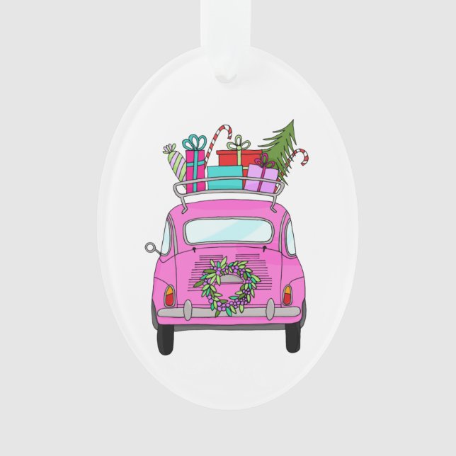 Voiture rose avec cadeaux de Noël (devant)