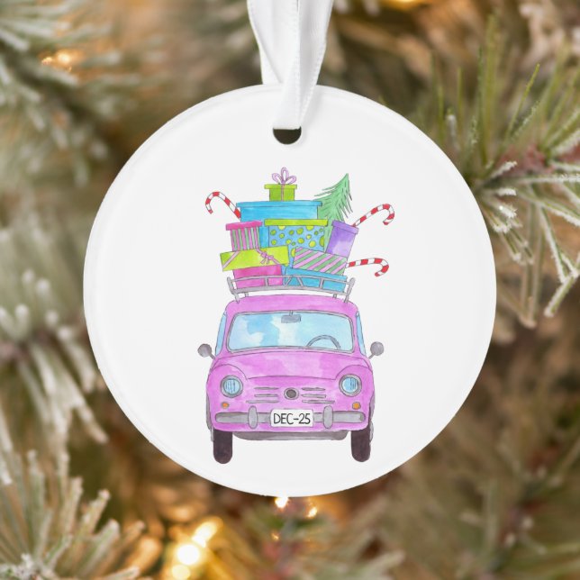 Voiture rose avec cadeaux de Noël Aquarelle (Arbre)