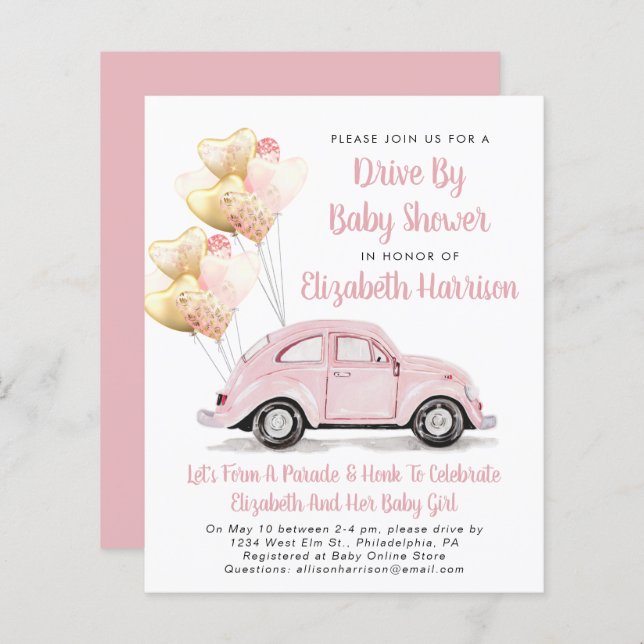 Voiture rose Budget Par Baby shower Invitation (Devant / Derrière)