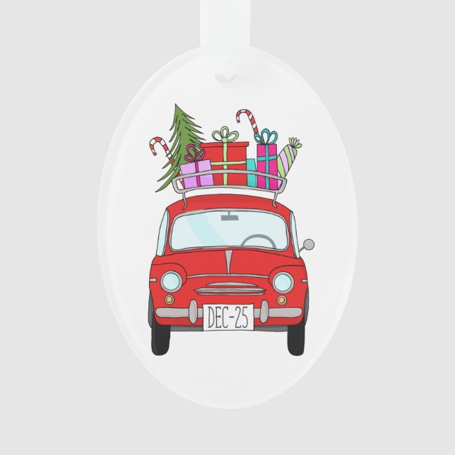 Voiture rouge avec cadeau de Noël Ornement (devant)
