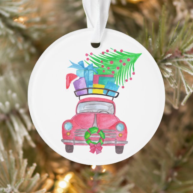 Voiture rouge avec cadeaux de Noël Aquarelle (Arbre)
