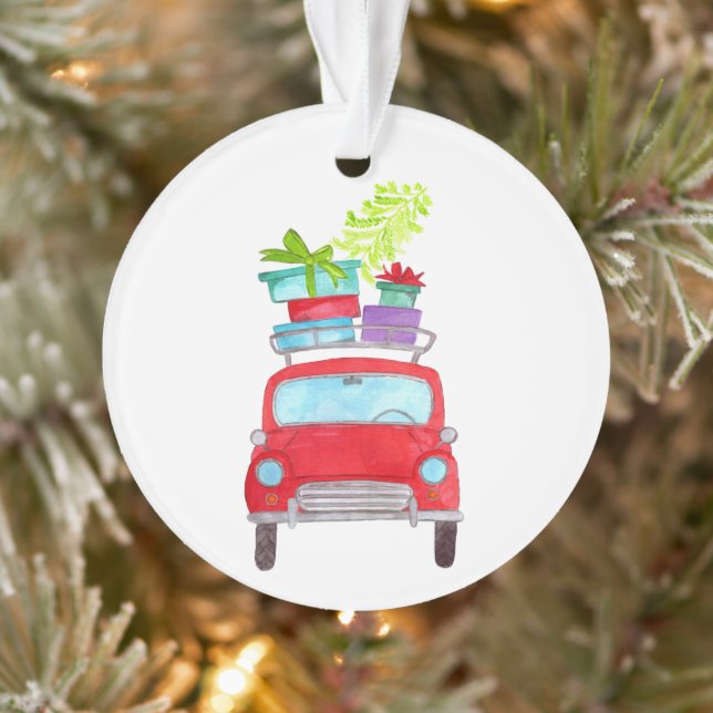 Voiture rouge avec cadeaux de Noël Aquarelle (Arbre)
