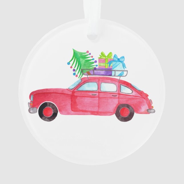 Voiture rouge avec cadeaux de Noël Aquarelle (dos)