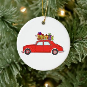 Voiture rouge avec cadeaux de Noël Ornement en cér