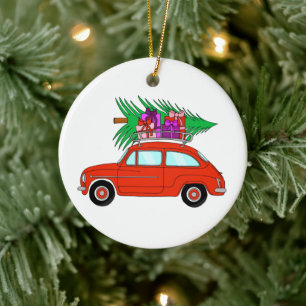 Voiture rouge avec cadeaux de Noël Ornement en cér