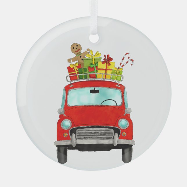 Voiture rouge avec cadeaux de Noël Ornement en cér (Recto)