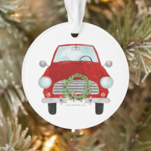 Voiture rouge avec couronne de Noël Ornement