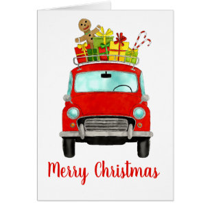 Voiture rouge rétro avec cadeaux de Noël