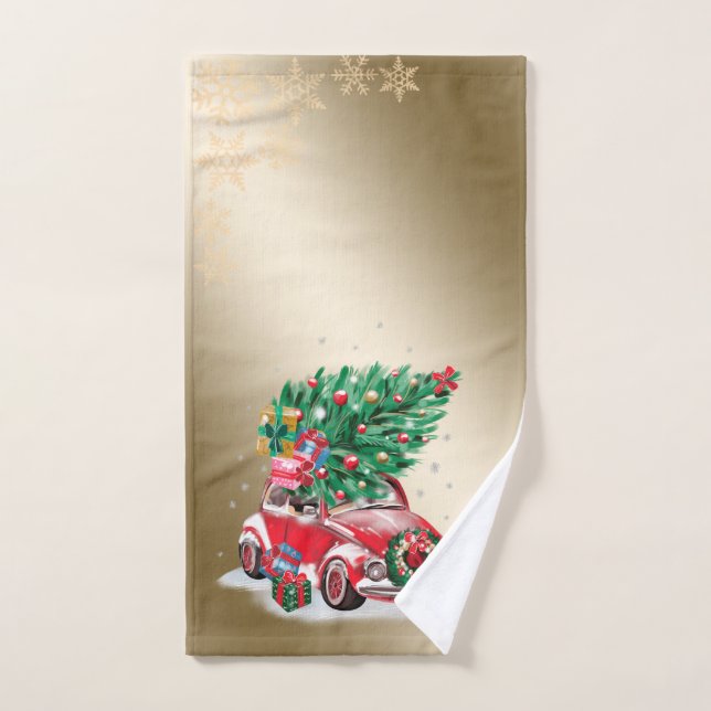 Voiture rouge sapin Présents de Noël ,flocons de n (Serviette à main)