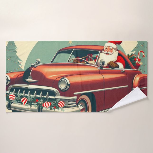 Voiture rouge vintage & Père Noël (Serviette de bain)