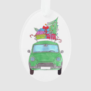 Voiture verte avec cadeaux de Noël Aquarelle