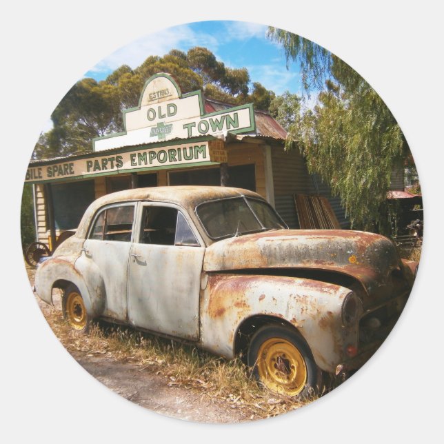 Voiture Vintage Et Garage, Stickers Rond (Devant)