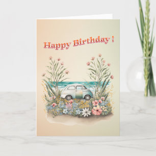 Voiture Vintage sur la plage - Bonne carte d'anniv