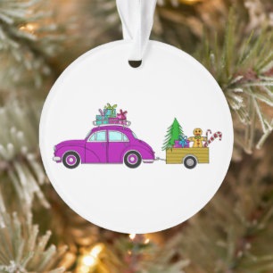 Voiture violette avec cadeau de Noël Ornement