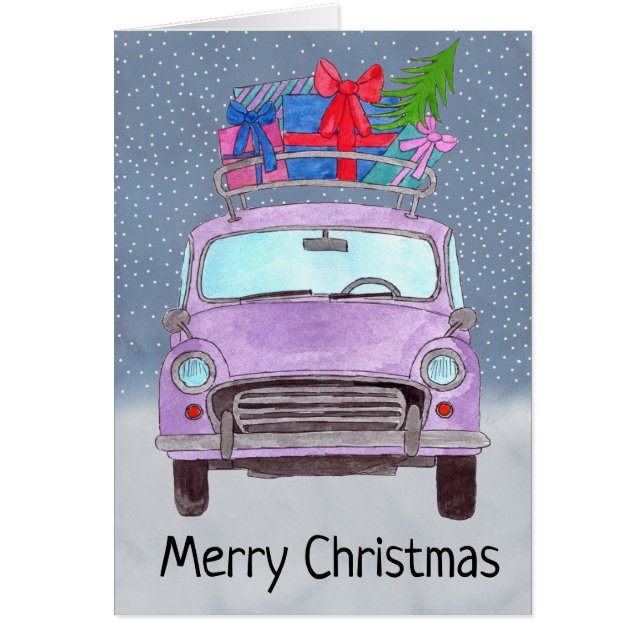 Voiture violette vintage avec cadeaux (Devant)