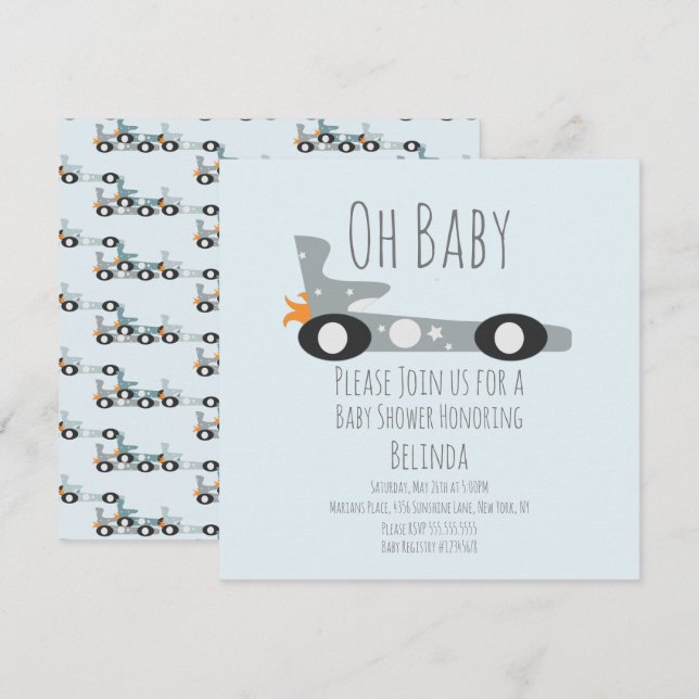 Voitures de course rétro Baby Shower Bleu  (Devant / Derrière)