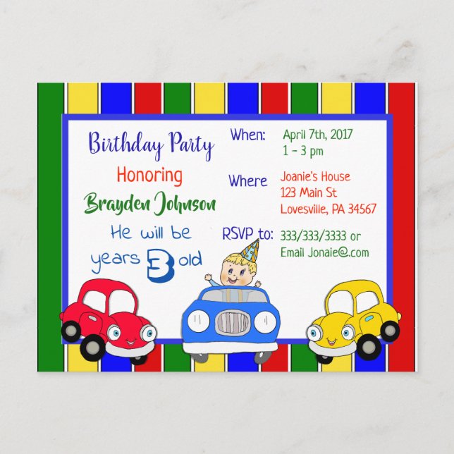 Voitures Rouge Bleu Vert Boy's Birthday Invitation (Devant)