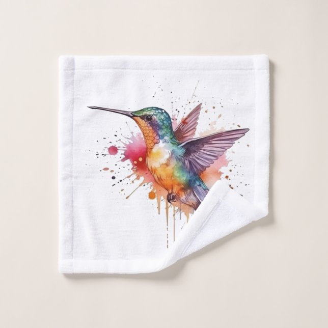 Vol coloré, colibri aquarelle (Gant de toilette)