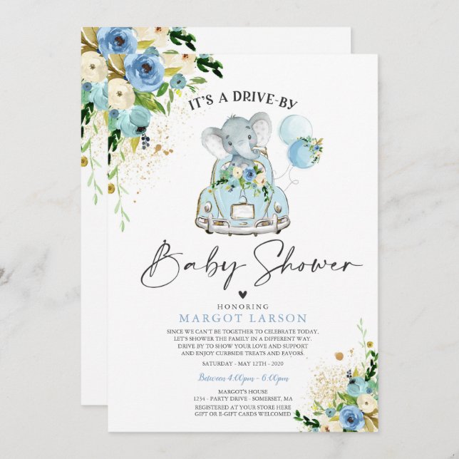 Volée éléphante par Baby shower Invitation bleu (Devant / Derrière)