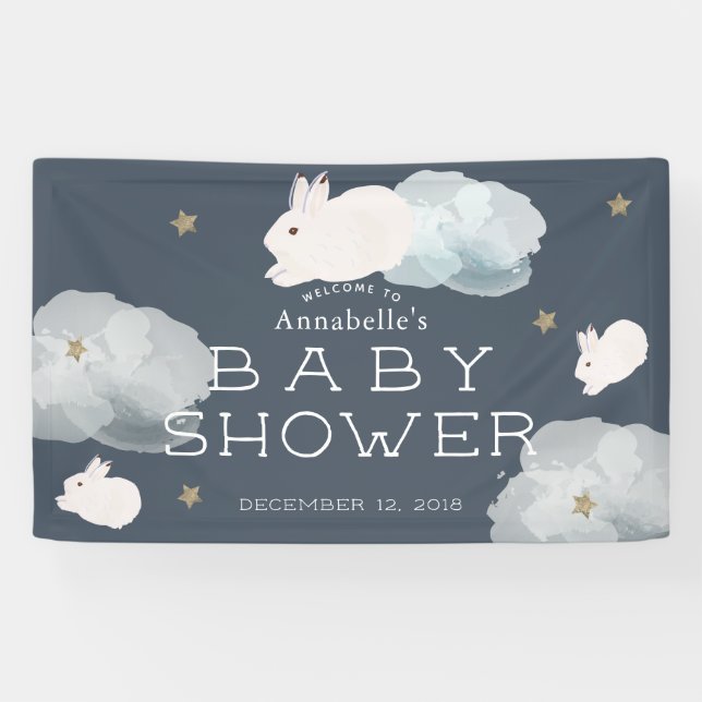Voler Bunny Stars Nuages Baby shower Bannière (Horizontal)