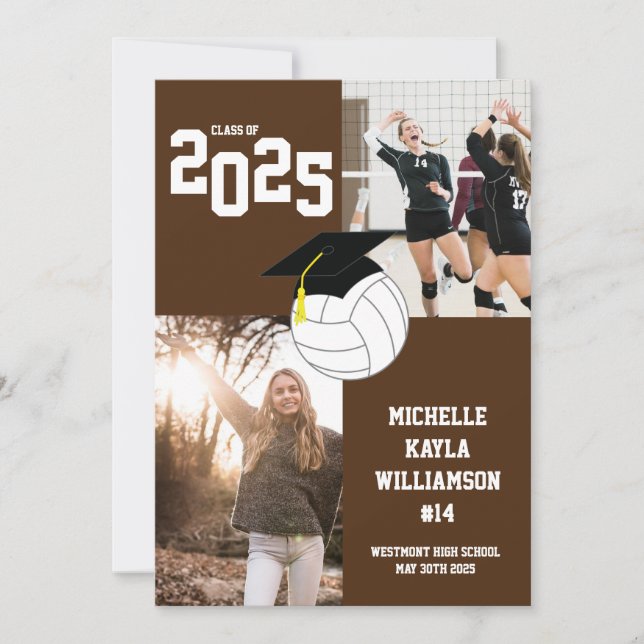 Volleyball Graduation Sports Faire-part Brown (Devant)