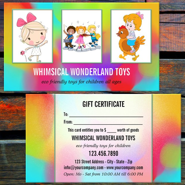 Vos 3 photos Toy Store Carte de visite cadeau (Eye catching portfolio gift certificate business card with watercolor art - child toys retail shop)
