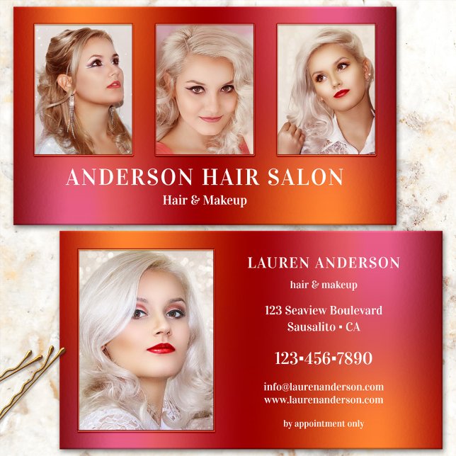 Vos photos Glam Carte de visite de beauté cheveux (Glam colorful photo business card for a beauty professional, hair stylist, makeup or nail salon)