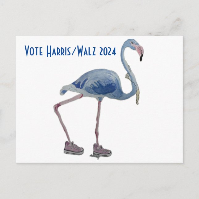 Vote Harris/Walz Flamant rose bleu avec carte post (Devant)