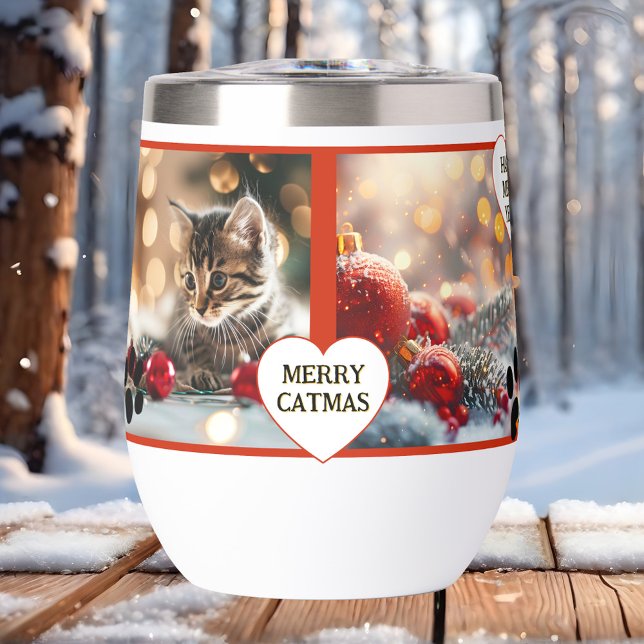 Votre 4 Chat Photos Jolies Paruline Isolée de Noël (Insulated thermal tumbler featuring your own 4 photos with cat paw prints and hearts)