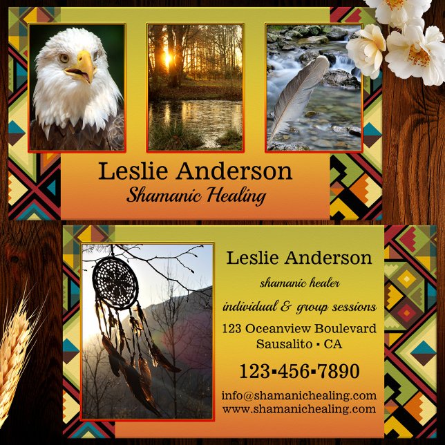 Votre carte de visite de guérison tribale chamaniq (Business card featuring your custom photos framed by a colorful tribal design. Great for a shaman)