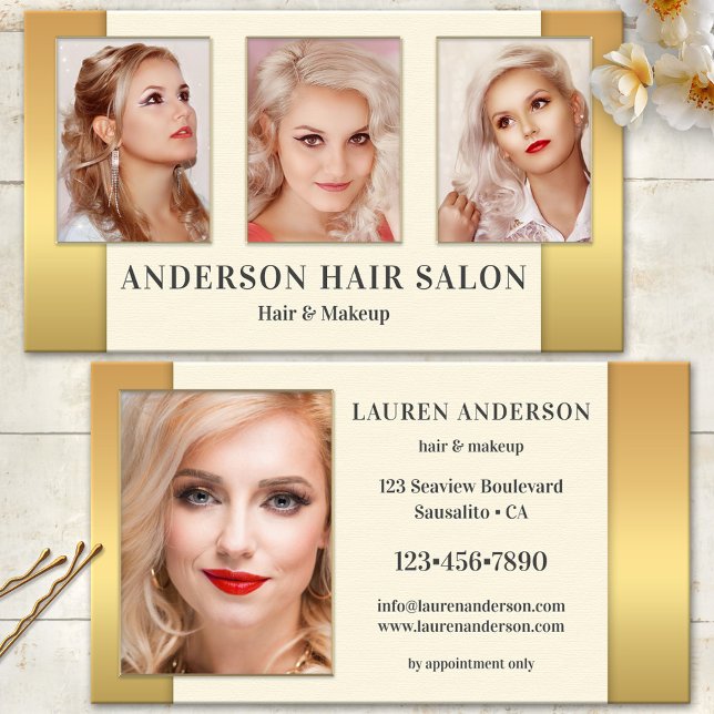 Votre carte de visite de photos dorées Beauté (Makeup and hair salon business card featuring your photos portfolio on gold and cream)