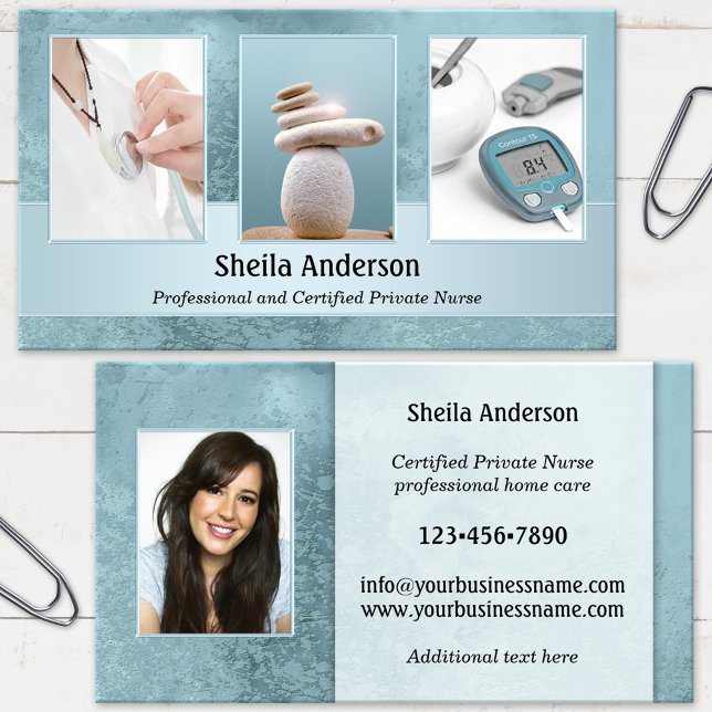 Votre carte de visite professionnelle d'infirmière (Business card featuring your photos framed by an elegant blue design - medical professional - nurse)