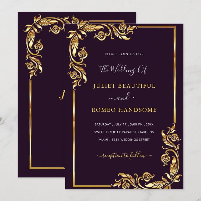 Votre invitation de mariage noire encadrée florale (Devant / Derrière)